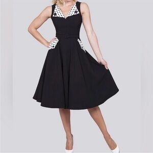 BETTIE PAGE BLACK WHITE POLKA DOT PINUP RETRO MIDI DRESS WITH POCKETS SIZE SMALL